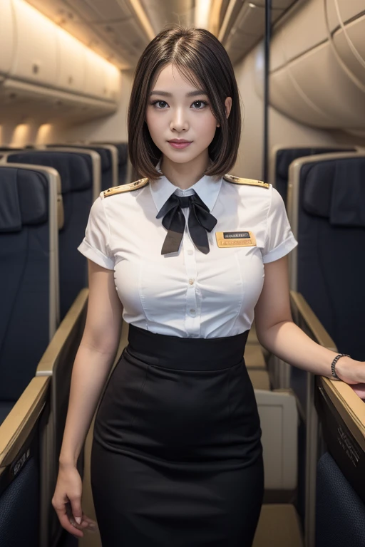 1woman, ((solo)), 40 years old, hyperdetailed face, detailed lips, detailed eyes, double eyelid, (Black bob hair), (Stewardess uniform:1.2), (Glamorous body), (huge breasts), light smile, thighs, (standing), perfect fit, perfect image realism, background with: (in an luxury airplane:1.3), Cowboy Shot, In-depth background, detailed costume, perfect lighting, Hyper-Realism, (Photorealsitic:1.4), 8K maximum resolution, (masterpiece), highly detailed, professional