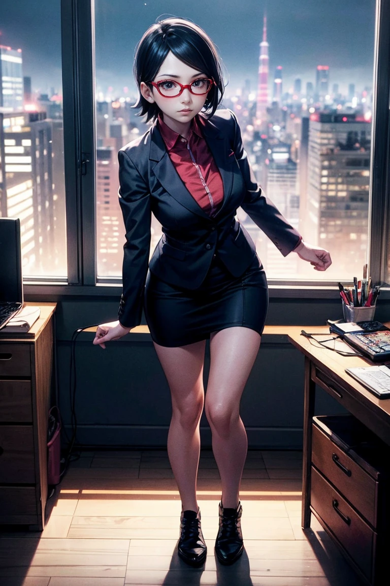 Full body image illustration of "Sarada Uchiha" with short hair, black eyes and red glasses. Next generation. She is wearing businesswoman clothes in front of an office desk and with a large window showing a large metropolis. Lighting the scene dramatically. Artwork. Detailed image. Artistic dedication. Creative mix, thought-provoking composition. Top-down perspective. Female Athletic