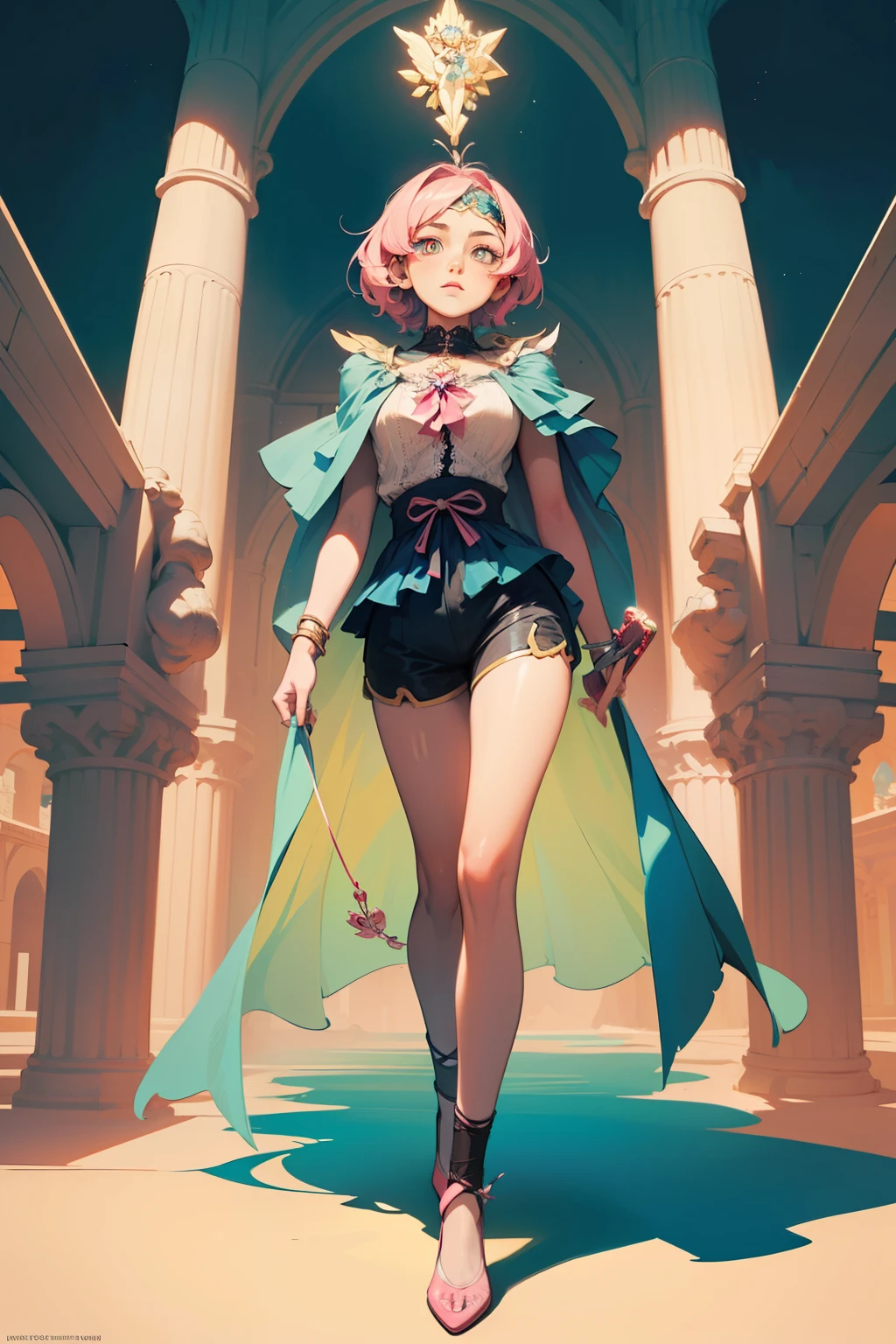 (Artwork with outstanding craftsmanship),[Detailed illustrations, art based on extremely ideal anatomy, Very detailed and detailed drawings, Delicate lines with slow and urgent, realistic texture expression],(Color tressed main lines)),(Park background),[HENTAI anime Girl Japanese Pretty 14 years old Skinny] Light pink hair ((Magical girl)),((Ohka) Floral headband) Low-rise shorts (Short cape (Off-shoulder: 0.5)) ((Lace ruffled ribbon)) (Lace ruffled boots: 0.4),((Silk fabric:0.4)),Transparency (Soft ambient light: 0.6) Gravure (Colorful),(Perfectly proportioned proportions: 1.2)),((Fine and beautiful skin expression (transparency))),( Design built to a high level,((Advanced structural understanding of materials)),(Ideal color coordination)),(((Complex and beautiful decoration)))((Dense details)),(Lustrous hair details),((Perfect hand details)),(Beautiful perfect face (Realistic face details: 0.5)),((Clear gaze)),((Long and beautiful eyelashes: 0.4)),(( Perfect eye detail (beautifully drawn pupils with great detail))),((Detail,High definition)),[(Precision Detail),((Multilayer Texture)),HighQuality,High Resolution],((Accurate simulation of light-material interactions, understanding of air flow, mechanically correct representation)),(((Narrative visual art)). ((full body shot))