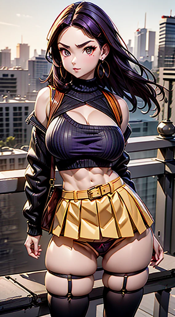 1990s, (masterpiece), high-definition, detailed face, korean girl, abs, (: 1.4) big hips, messy dark purple hair, orange eyes, crop top sweater, jacket, (tight skirt: 1.3), belt, (thong: 1.4), thigh high stockings, boots, fishnet, balcony, leaning on the railing, (messenger bag: 1.3), sunset