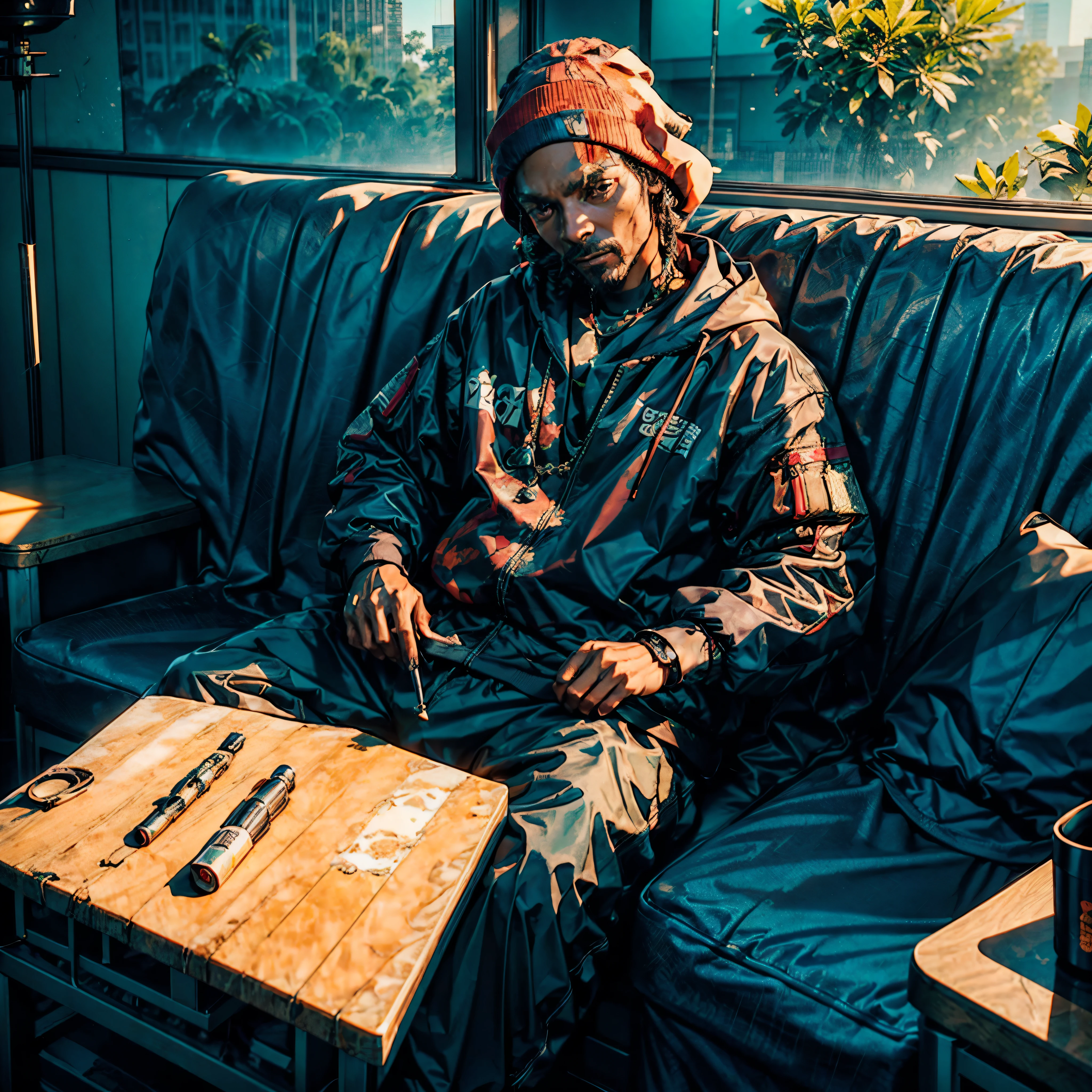 sn00pd0g, Man African SnoopDogg, armed smoking marijuana cigarette on an old sofa in an environment in the favela of brazil (Snoop-Dogg extreme details on face), Will-o'-the-wisp dazzling Symmetrical optimal bright_color dappled_sunLight meticulously intricate ultra_high-details ultra_high-resolution hyper pro-Photo-realistic ultra_high-quality ultra_high-definition UHD XT3 DSLR HDR extreme improved Octane-rendered opengl-shaders glsl-shader romm rgb pbr shading 3DCG fxaa global illumination cgi vfx sfx fkaa txaa rtx ssao post-processing post-production cell-shading tone-mapping Ultra_sharpness focus accurate max saturate reflex analogique Vivid DSLR color-coded luminescence volumetric Cinematic_Sunrise lightning contrast incandescent Cristallines floraison zentangle fleuraison varied multi etc. --v 6 --s 1000 --c 20 --q 20 --chaos 100