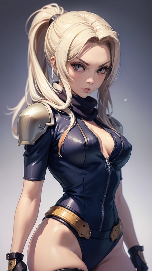 (masterpiece, best quality, chromatic lighting, professional quality),1girl, solo, blonde hair, high ponytail, realistic body proportions, looking at viewer, lips, padded armor, long neck scarf, long hip scarf, boxer, fighting pose, arm gauntlet, simple background, sfw,  steampunk, fantasy, dungeons and dragons