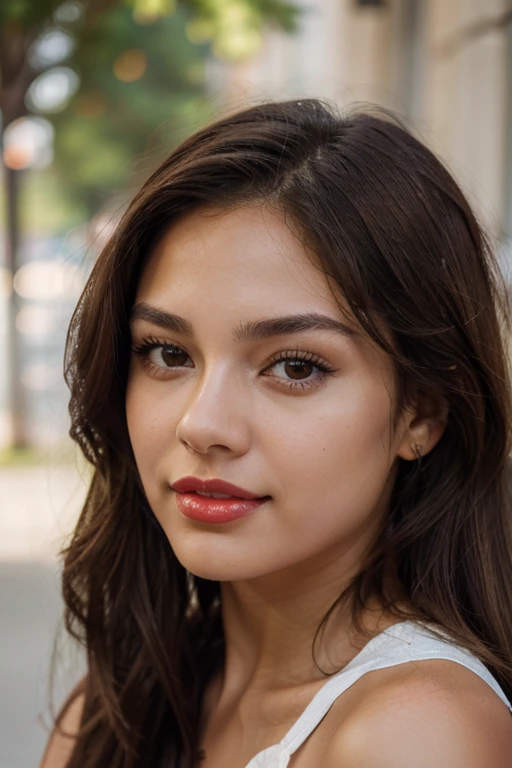 A close-up portrait shot of a latin brunette 20 years old with red lips and light brown eyes. Lighting should emphasize the details, specially her eyes and lips. Hair should be straight natural and middle long. Her facial expression should be funny. Her skin tone should be olive. Background should be white and relaxed, emphasizing her realistic hair. She should be smiling with her mouth open
