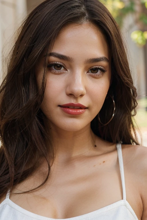 A close-up portrait shot of a latin brunette 20 years old with red lips and light brown eyes. Lighting should emphasize the details, specially her eyes and lips. Hair should be straight natural and middle long. Her facial expression should be funny. Her skin tone should be olive. Background should be white and relaxed, emphasizing her realistic hair. She should be smiling with her mouth open 