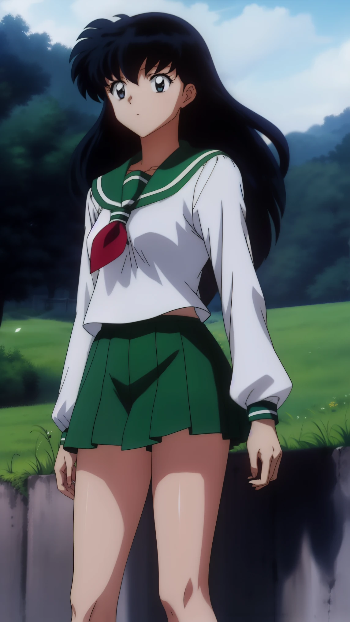 (Masterpiece: 1.6, Best Quality), (Fine Beautiful Eyes: 1.2), (best quality, masterpiece, highres), kagome higurashi, 1girl, solo, green school uniform, soft thighs , long sleeves, white socks, scenery , Best Quality, ((anime)) ((Colored)) HD, ,Standing, Green skirt, Red scarf, long  hair, Black hair between the eyes, Thighs are soft, school background