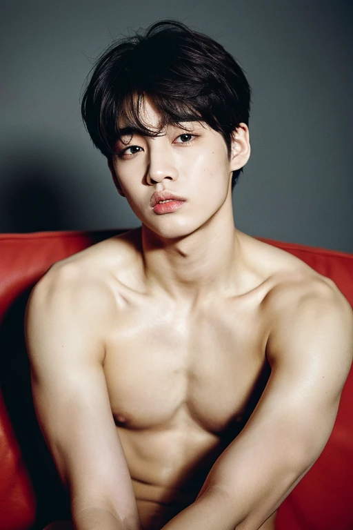 ((melhor qualidade)), ((obra de arte)), (detalhado), perfect faceArafed shirtless man sitting on a sofa, Jungkook, Kim Doyoung, Jimin\the right eyelid is swollen, Wan lovely Korean face, taejune kim, com o mesmo penteado, 1 7 anos - idade de rosto fino, short hair on top of the head, hyung tae