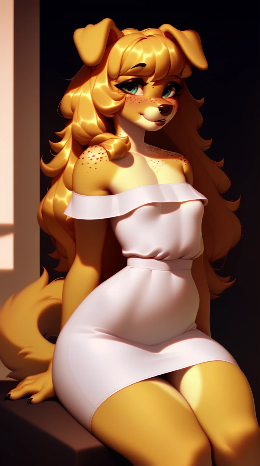 (score_9), (source_ derpibooru_p_95), (canine), ((anthro domestic dog :1.1)), (shoulderless short sun dress), shy, blushing, solo, realistic long hair, bangs, anatomically correct, flat chest, curvy figure, high res, pink bottom lip, extremely detailed, tween, puppy, absolutely stunning, freckles,