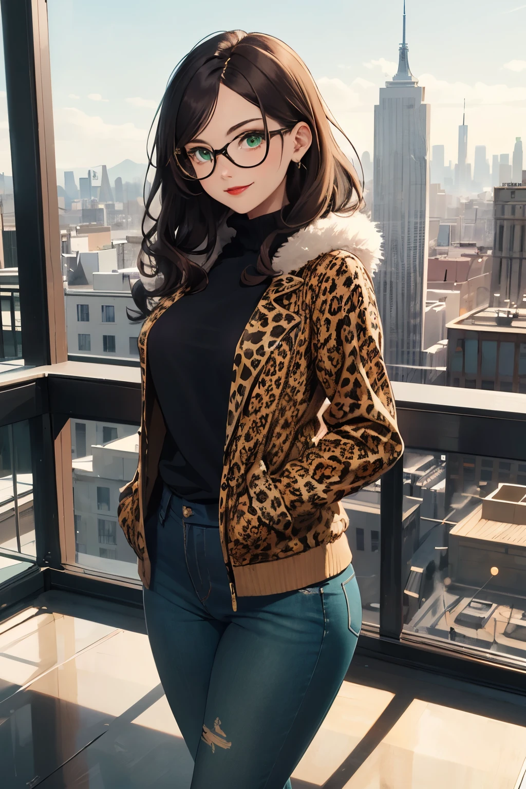 ((best quality)), ((masterpiece)), (detailed), Ridiculous resolution, high resolution, (masterpiece:1.4), Hyper-detailing, a woman. she is 20 years old. She has dark brown hair. Wavy hair. Mid length hair. ((Ultra-detailed green eyes.)) She is wearing black cotton jeans. She is wearing a leopard print fur over her black sweater. She is wearing black framed glasses. She is smiling. She has red lips. She is standing beside a black CEO chair with skyline scenery. 