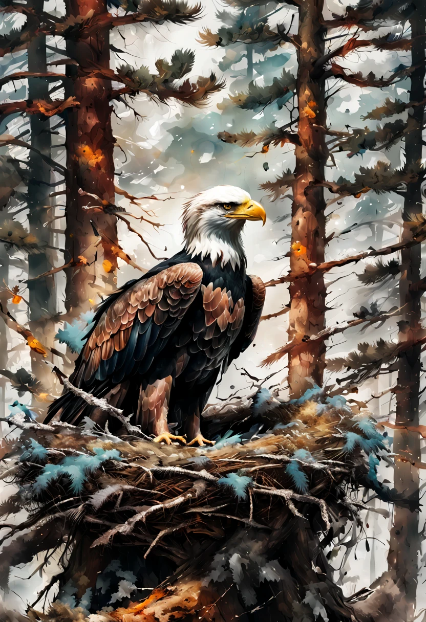 An eagle perched in its massive (nest:1.3), in a pine tree, natural colors, nature colors, Hyper-detailed messy mixed-media masterpiece painting, insanely detailed, by Russ Mills and Alberto Seveso and Agnes Cecile and Jean-Baptiste Monge, zoomed out, intensified cerebral spatterpaint, sharply detailed, sharp focus, uhd, light streaking up