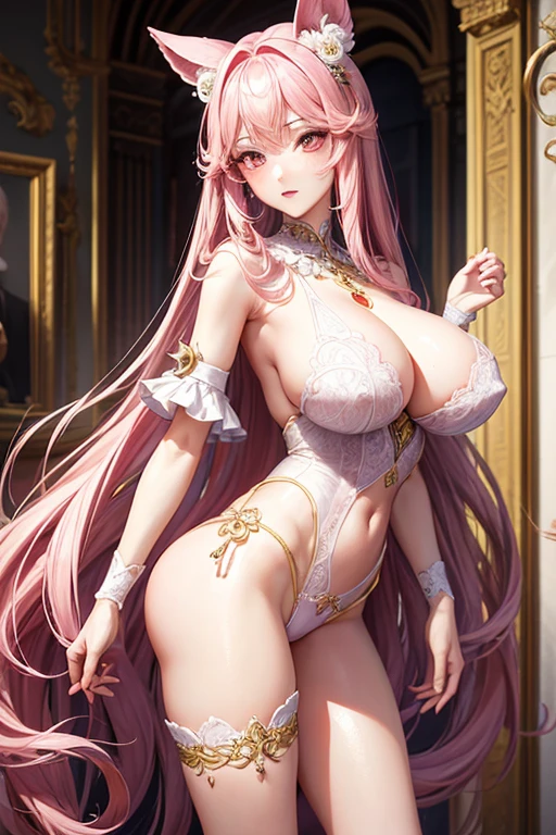{{{{masterpiece}}}}, {{{super detailed}}}, {{{High resolution}}}, {{excellent anatomy}}, (((highest quality))), ((very delicate and beautiful)), {{very detailed and delicate}}, extremely detailed, solo, One female、best style、beautiful woman、The most beautiful woman in the world、((Erotic Be-doll)),((big breasts))、(((long pink hair)))、Inside the chalk palace, baroque architecture, elegant walkways between towers, in luminist baroque style, royal palace, Baroque symmetry, Italian Renaissance architecture, Endless corridors, Rococo architecture, baroque palace,extremely detailedな瞳, solo, perfect face, pretty face, highly detailed face,Rich facial expressions、(muste piece), (best quality)、red eyes、sexy pose、sexy woman、beautiful and detailed design、nipple