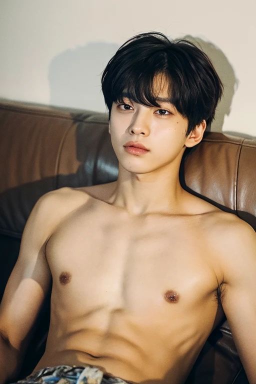 ((melhor qualidade)), ((obra de arte)), (detalhado), perfect faceArafed shirtless man sitting on a sofa, Jungkook, Kim Doyoung, Jimin\the right eyelid is swollen, Wan lovely Korean face, taejune kim, com o mesmo penteado, 1 7 anos - idade de rosto fino, short hair on top of the head, hyung tae