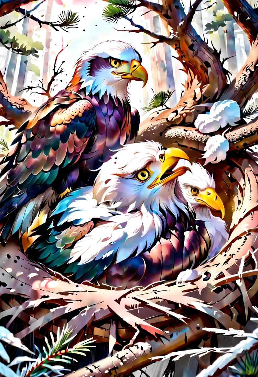 An eagle perched in its massive (nest:1.3), in a pine tree, natural colors, nature colors, Hyper-detailed messy mixed-media masterpiece painting, insanely detailed, by Russ Mills and Alberto Seveso and Agnes Cecile and Jean-Baptiste Monge, zoomed out, intensified cerebral spatterpaint, sharply detailed, sharp focus, uhd, light streaking up