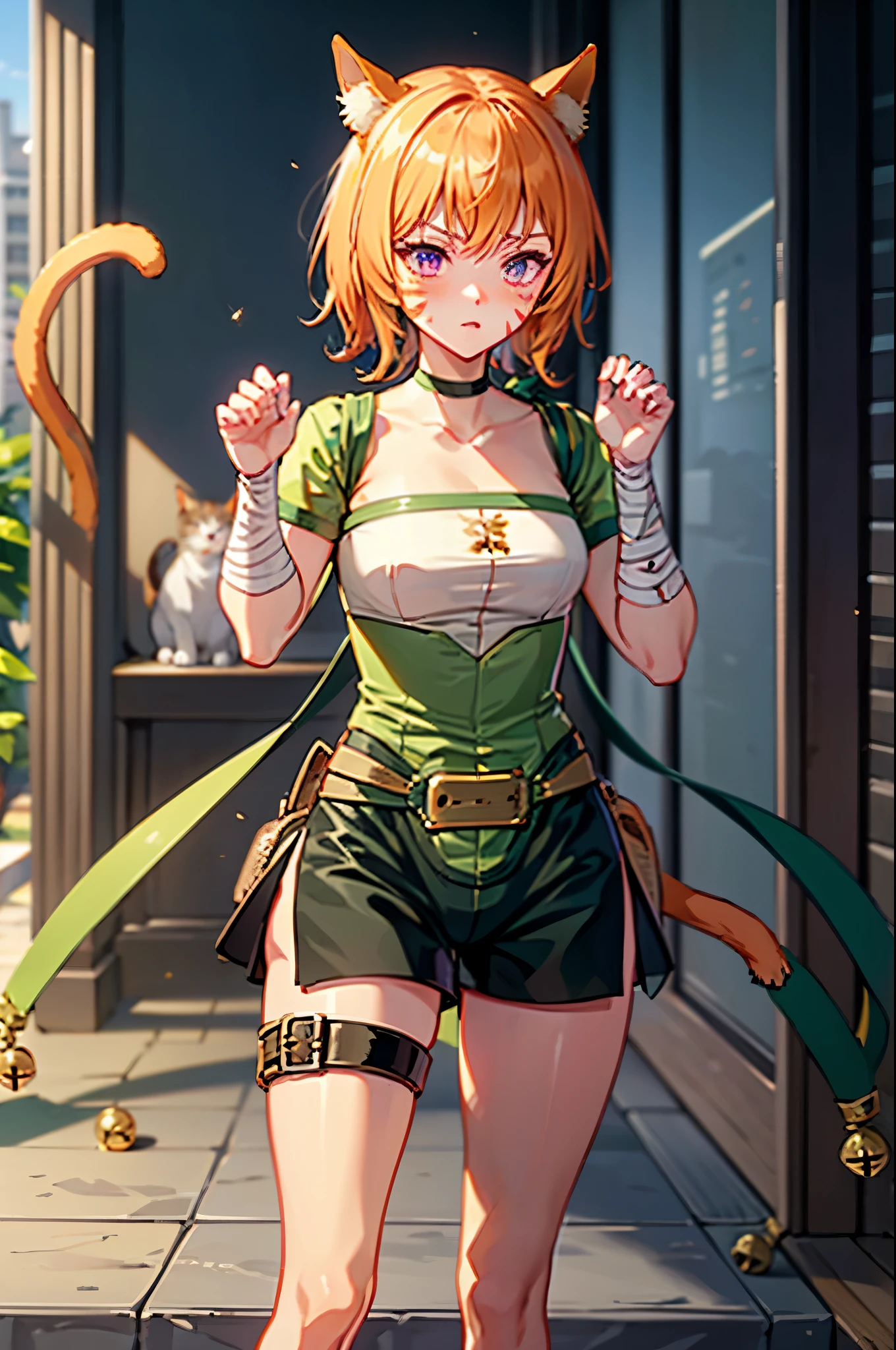 lethe fe, choker, belt, cat tail, bell, thigh strap, facial mark, bandages, side slit, pouch, brown belt, whisker markings, green shorts, wrist wrap, side slit shorts, embarrassed, blushing, claw pose, hands up,  