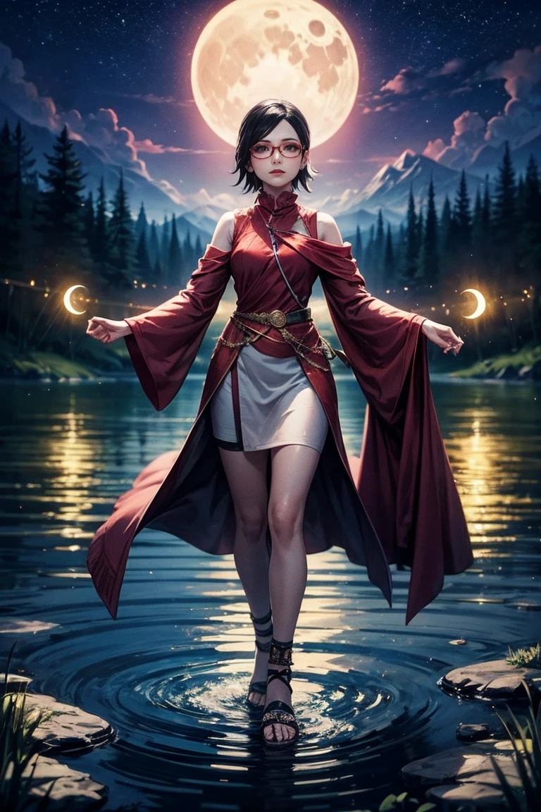 Illustration of Sarada Uchiha is dressed like a Roman empress in a white high neck tunic with purple details, gladiator sandals and gold jewelry, glasses. Short hair. delicate eyes. With the dramatic lighting. Detailed image. Artistic dedication. She is Parading over the water of a lake in a burning forest with a starry sky and a crescent moon. reflection. purple flames. red lipstick. fairies. high definition. fireflies.