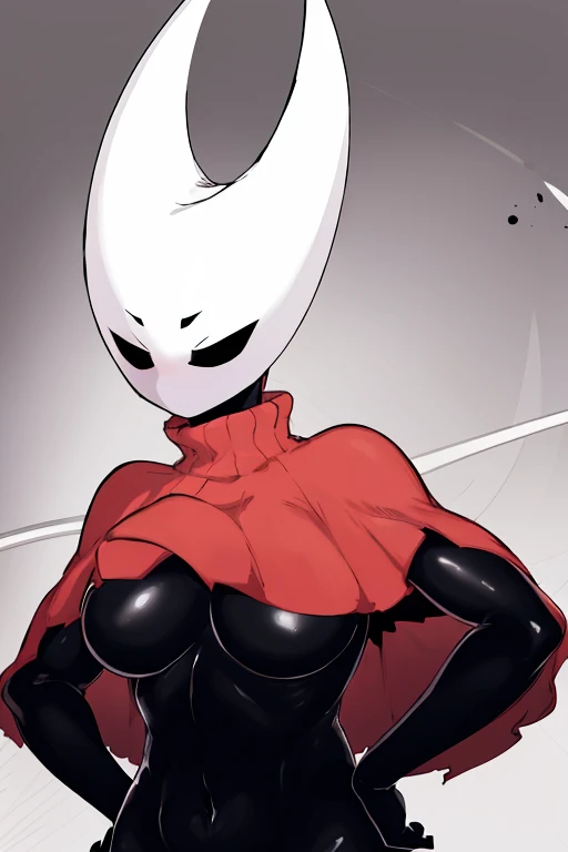 upper body, hornet, 1girl, solo, mask, closed eyes, simple background, (black skin:1.2), red capelet, turtleneck, hands on hips, nipples, slim belly, bellybutton