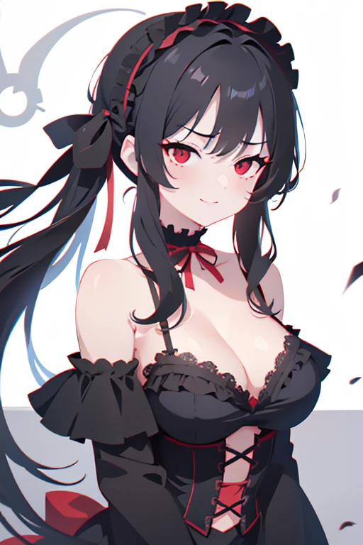 anime style,lace bra,female,long black hair,gothic ta,frills,hair ribbon,off shoulder,bare shoulders,straight hair,red eye,half closed eyes,bad mood,evil smile,slanted eyes,cleavage,large breasts,tv anime,Shadows on the face,upper body shot