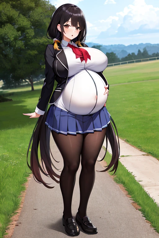 masterpiece, best quality, highres, 1girl, bbkurumi, long hair, heterochromia, low twintails, school uniform, black jacket, pleated skirt, blue skirt, black pantyhose, grass, wariza, filed, loafers, :o , big breasts, huge big breasts,huge large breasts, (large breasts:1.5), (big breasts:1.5), big belly, huge belly, hyper pregnant, (hyper pregnant:1.6), large belly, vore, (vore:1.3), (barriga perfecta), (big belly:1.5), (pregnant:1.3), (Manos perfectas, Perfect anatomy), (barriga con forma humana), extremely detailed CG, (perfect hands, perfect anatomy)