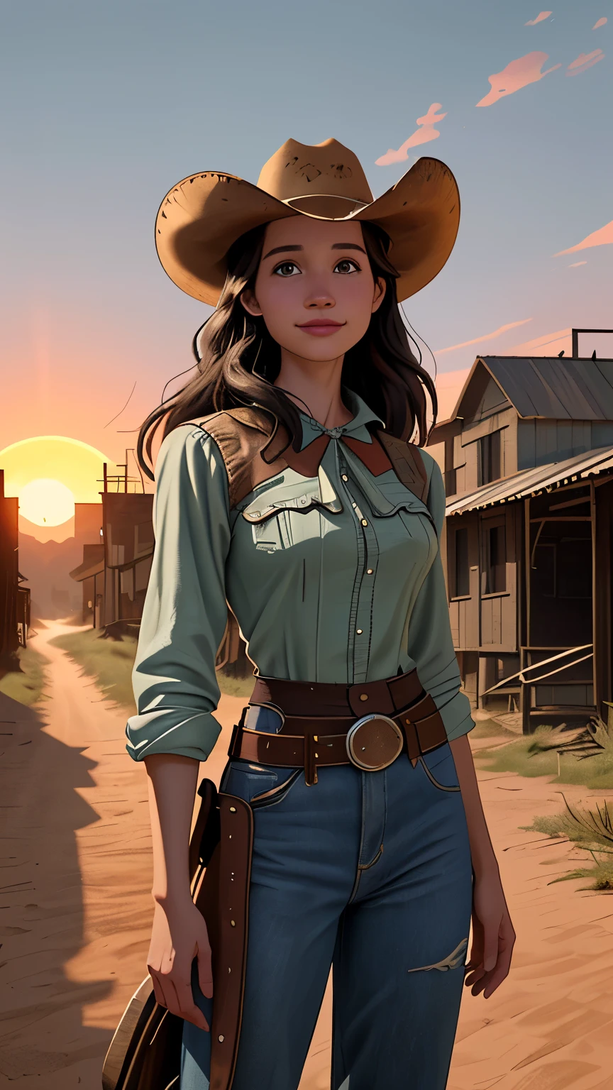 Foto hiperrealista en primer plano de Kelsey Asbille, masterpiece, best quality, (photorealistic:1.4), (cowboy outfit) Create dystopian masterpieces. Western theme, dusty atmosphere, wooden buildings, a setting sun casting long shadows, aged and worn costumes, anticipation in the air, intense standoff, empty street, deserted town, beautiful woman, skinny, large big breasts, black long hair, detailed face, smile, facing the camera, photo taken from a distance, age of 25 years old