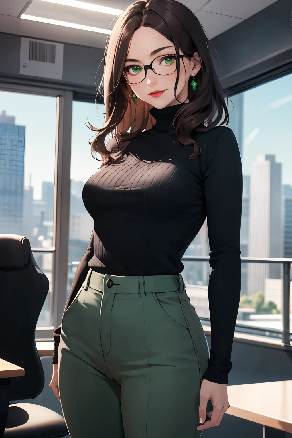 ((best quality)), ((masterpiece)), (detailed), Ridiculous resolution, high resolution, (masterpiece:1.4), Hyper-detailing, a woman. she is 20 years old. She has dark brown hair. Wavy hair. Mid length hair. ((Ultra-detailed green eyes.)) She is wearing black cotton trousers. She is wearing a turtleneck wool sweater. She is wearing black framed glasses. She is smiling. She has red lips. She is standing beside a black CEO chair with skyline scenery.