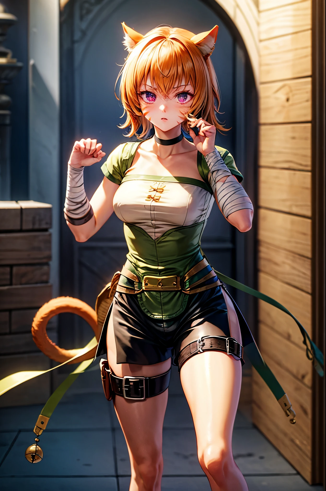 lethe fe, choker, belt, cat tail, bell, thigh strap, facial mark, bandages, side slit, pouch, brown belt, whisker markings, green shorts, wrist wrap, side slit shorts, embarrassed, blushing, claw pose, hands up,  