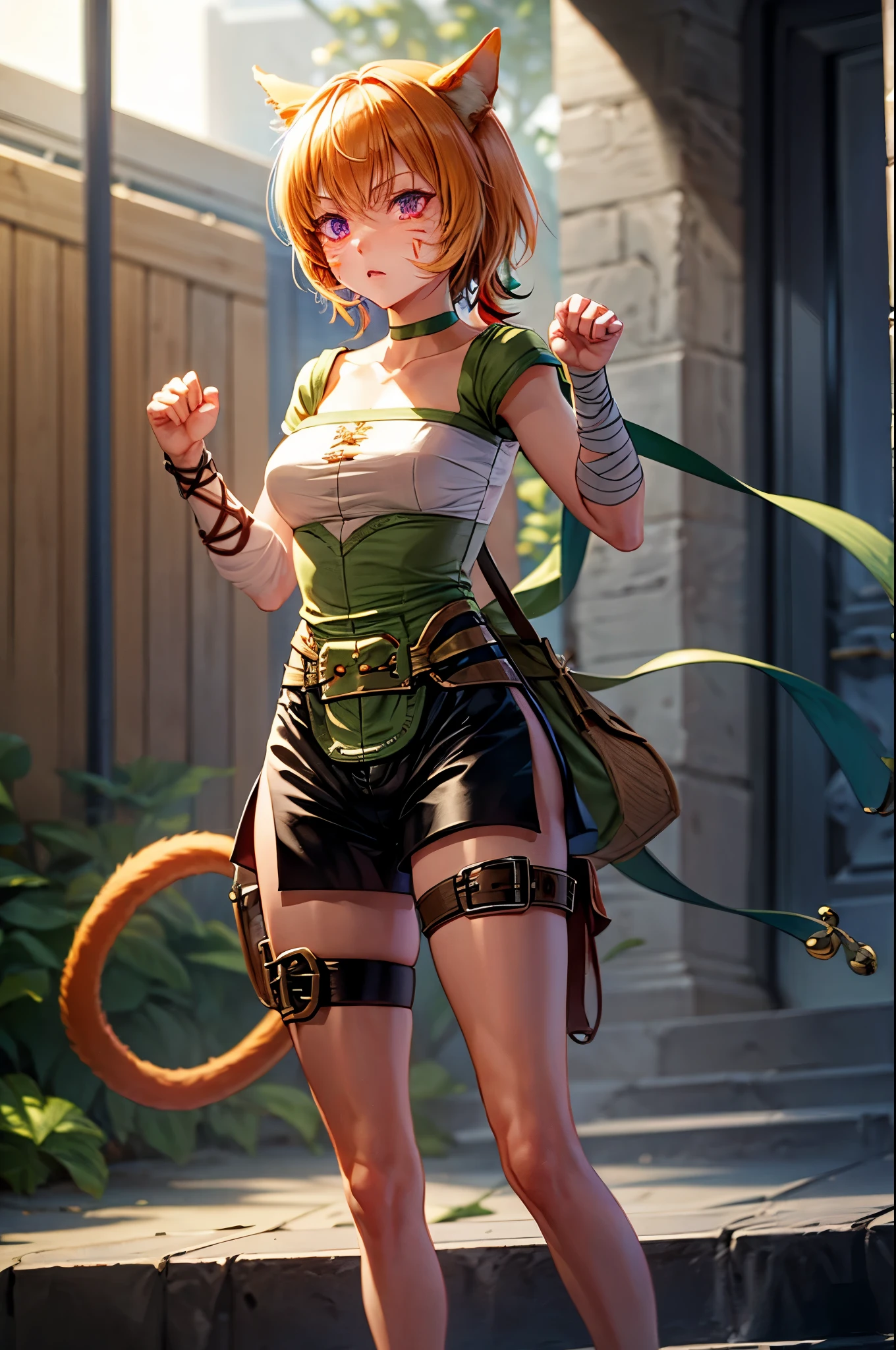 lethe fe, choker, belt, cat tail, bell, thigh strap, facial mark, bandages, side slit, pouch, brown belt, whisker markings, green shorts, wrist wrap, side slit shorts, embarrassed, blushing, claw pose, hands up,  