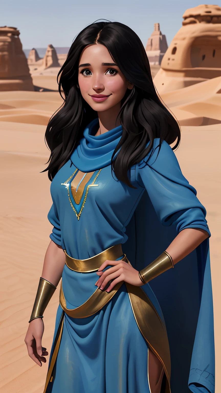 Foto hiperrealista en primer plano de Kelsey Asbille, Create dystopian masterpieces, in a full cover bedouin costume (blue tunic) on the desert, beautiful woman, skinny, large big breasts, black long hair, detailed face, smile, facing the camera, photo taken from a distance, age of 25 years old