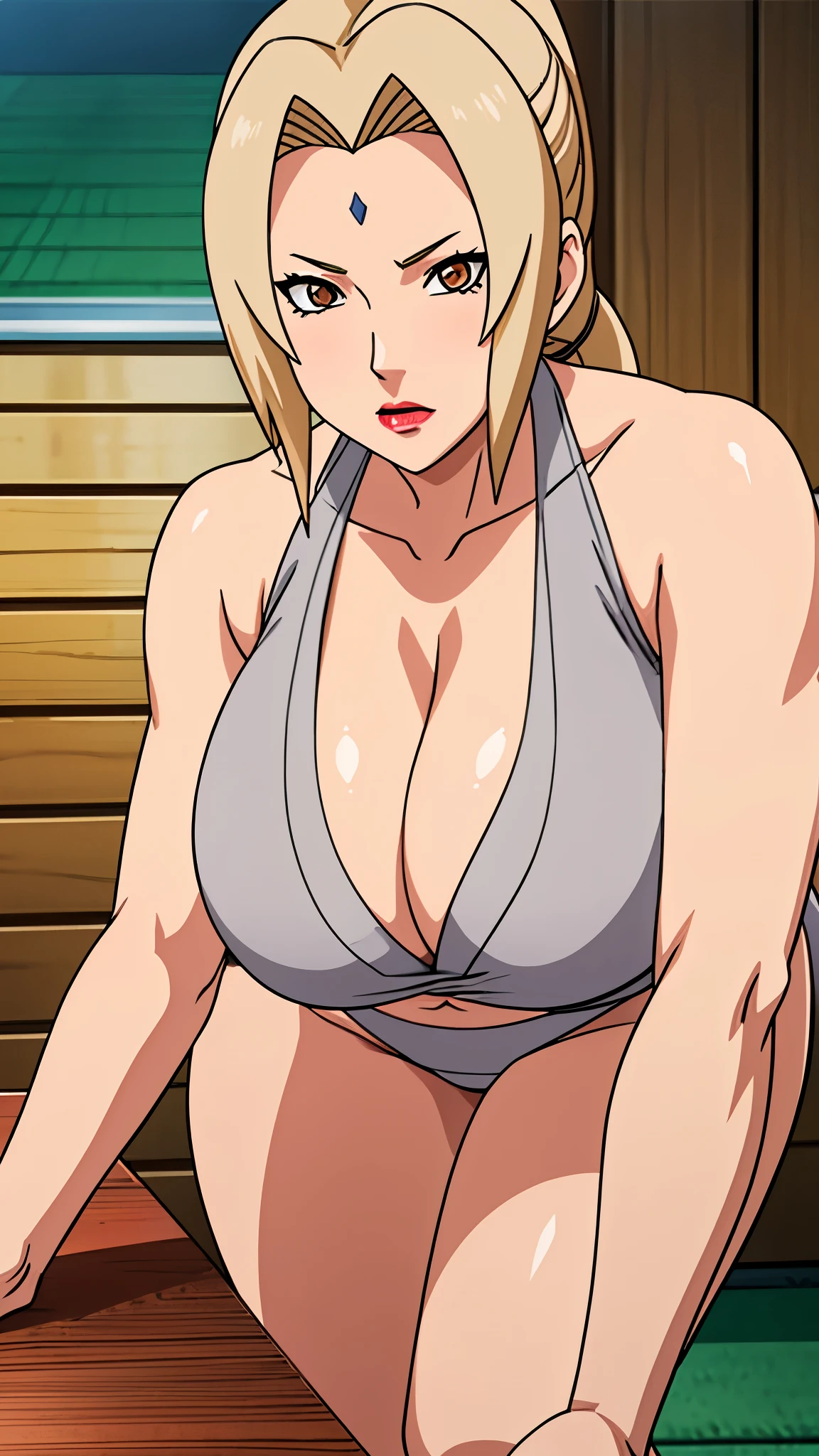 Tsunade from Naruto, big mature woman, MILF, fair skin, (grey bikini:1.1), red lips, long blonde hair, double ponytail, (very large breast:1.3), (deep cleavage), oppai, slight chubby body, slightly muscular body, brown eyes, (bending over:1.2), (ass view), beautiful, erotic, seductive, (beautiful face), (clear eyes:1.2), best quality, masterpiece, (anatomically correct), ccurate, UHD, best quality, award winning, 4K,