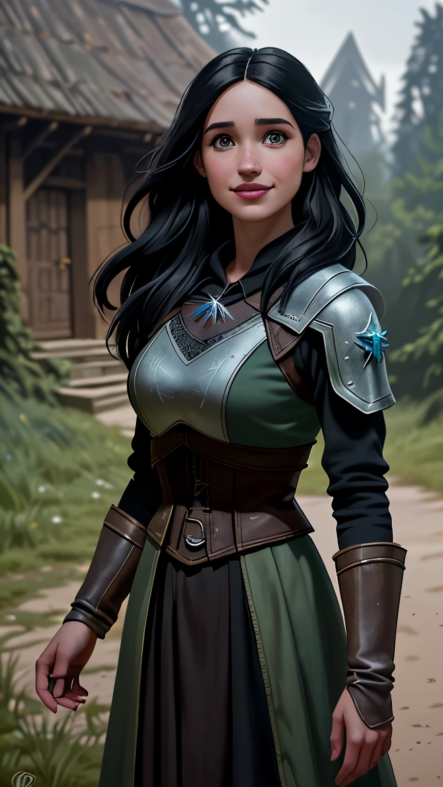 Foto hiperrealista en primer plano de Kelsey Asbille, Create dystopian masterpieces. as a witcher, scene from the Witcher movie, the entire figure dressed in witcher style, outside off medieval in, beautiful woman, skinny, large big breasts, black long hair, detailed face, smile, facing the camera, photo taken from a distance, age of 25 years old