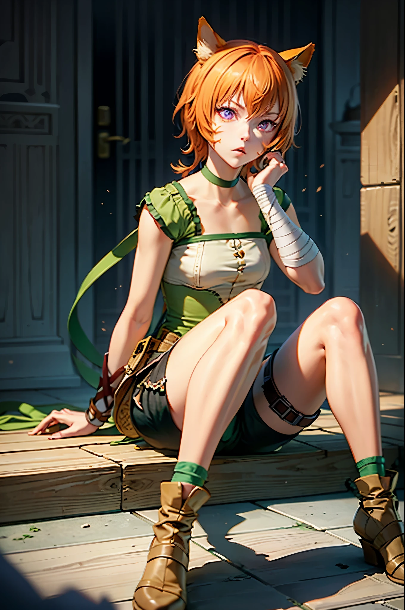 lethe fe, choker, belt, cat tail, bell, thigh strap, facial mark, bandages, side slit, pouch, brown belt, whisker markings, green shorts, wrist wrap, side slit shorts, sitting, holding a dagger, holding a knife, knife