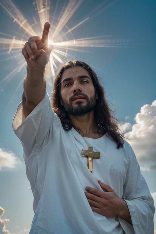 create an image of Jesus Christ in high definition, depicting Him with hands raised to heaven in a gesture of adoration, blessing or spiritual joy.
Requisitos:
Resolution: 2500 x 3500 pixels (ou superior).
Utilize cores que transmitam serenidade e divindade, como tons de dourado, branco e azul celeste.
Highlight the figure of Jesus Christ clearly and clearly, focusing on the hands raised to the sky.
Add symbolic elements, como uma aura de luz ao redor de Jesus, para enfatizar sua natureza divina.
Jesus' facial expression should reflect peace, Love and spiritual connection.
Consider adding sky elements, like soft clouds or a celestial representation, para contextualizar a cena.
Seja criativo(a) by incorporating details that convey a sense of spiritual transcendence.