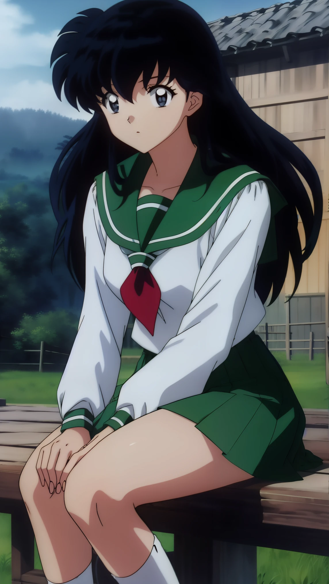 (Masterpiece: 1.6, Best Quality), (Fine Beautiful Eyes: 1.2), (best quality, masterpiece, highres), kagome higurashi, 1girl, solo, green school uniform, soft thighs , long sleeves, white socks, scenery , Best Quality, ((anime)) ((Colored)) HD, ,Sitting , Green skirt, Red scarf, long  hair, Black hair between the eyes, Thighs are soft, school background