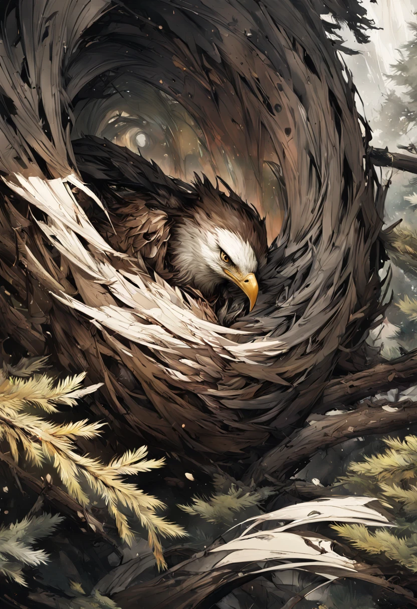 An eagle perched in its massive (nest:1.3), in a pine tree, natural colors, nature colors, Hyper-detailed messy mixed-media masterpiece painting, insanely detailed, by Russ Mills and Alberto Seveso and Agnes Cecile and Jean-Baptiste Monge, zoomed out, intensified cerebral spatterpaint, sharply detailed, sharp focus, uhd, light streaking up
