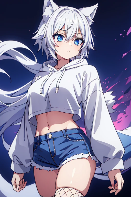 ((highest quality)), ((masterpiece)), (be familiar with), perfect face, female with wolf ears, Has white hair, is female, female, short, is wearing a cropped hoodie with fur lining, wearing denim short shorts, Wearing thigh-high fishnet stockings, 黒いbattleブーツを履く, alone, alone, (alone)(alone), Has blue eyes, (perfect eyes)(masterpiece) thick thighs, wide hips, Has a wolf tail, female, is female, whole body, battle