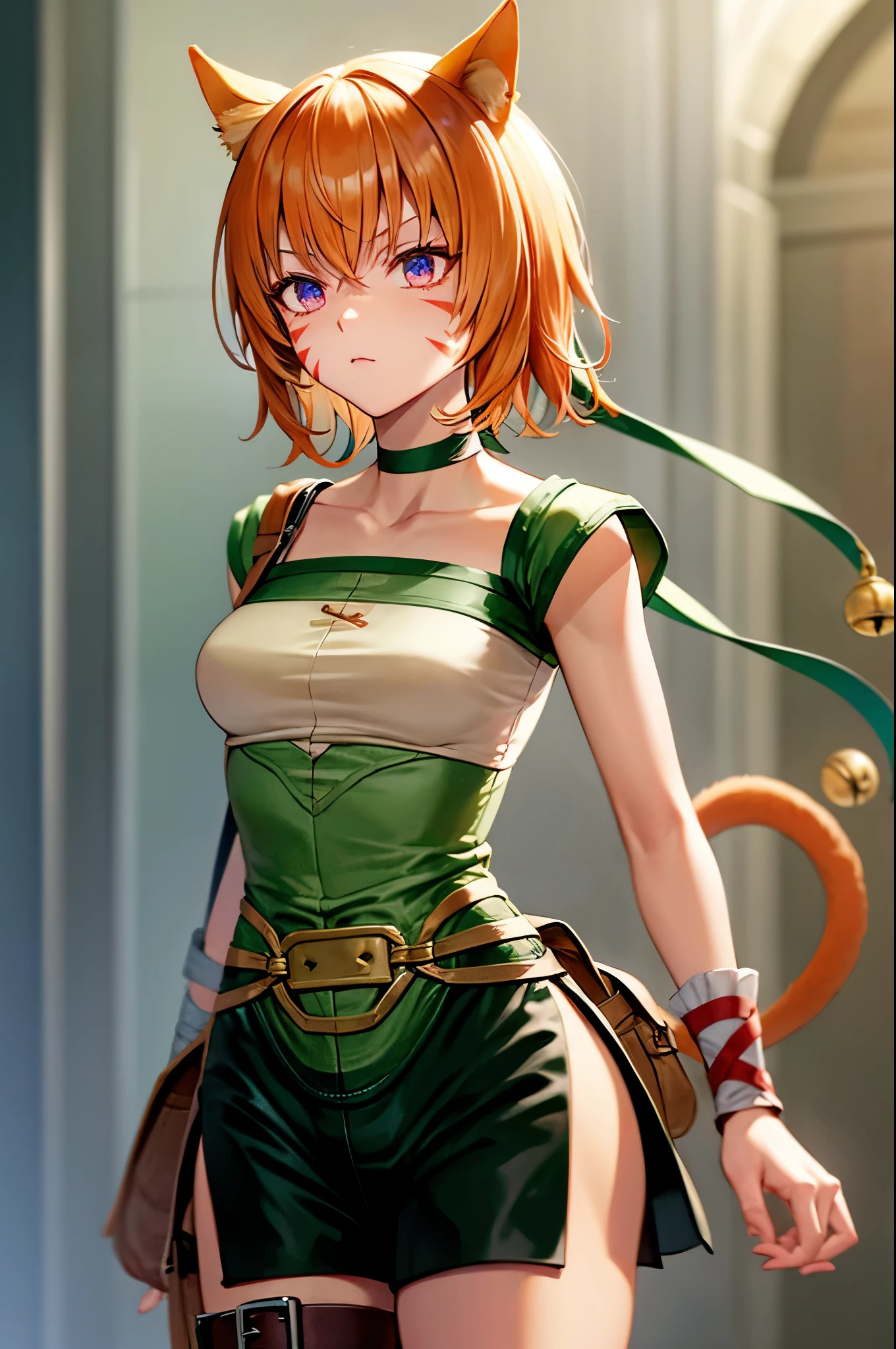 lethe fe, cowboy shot, upper body, choker, belt, cat tail, bell, thigh strap, facial mark, bandages, side slit, pouch, brown belt, whisker markings, green shorts, wrist wrap, side slit shorts, 