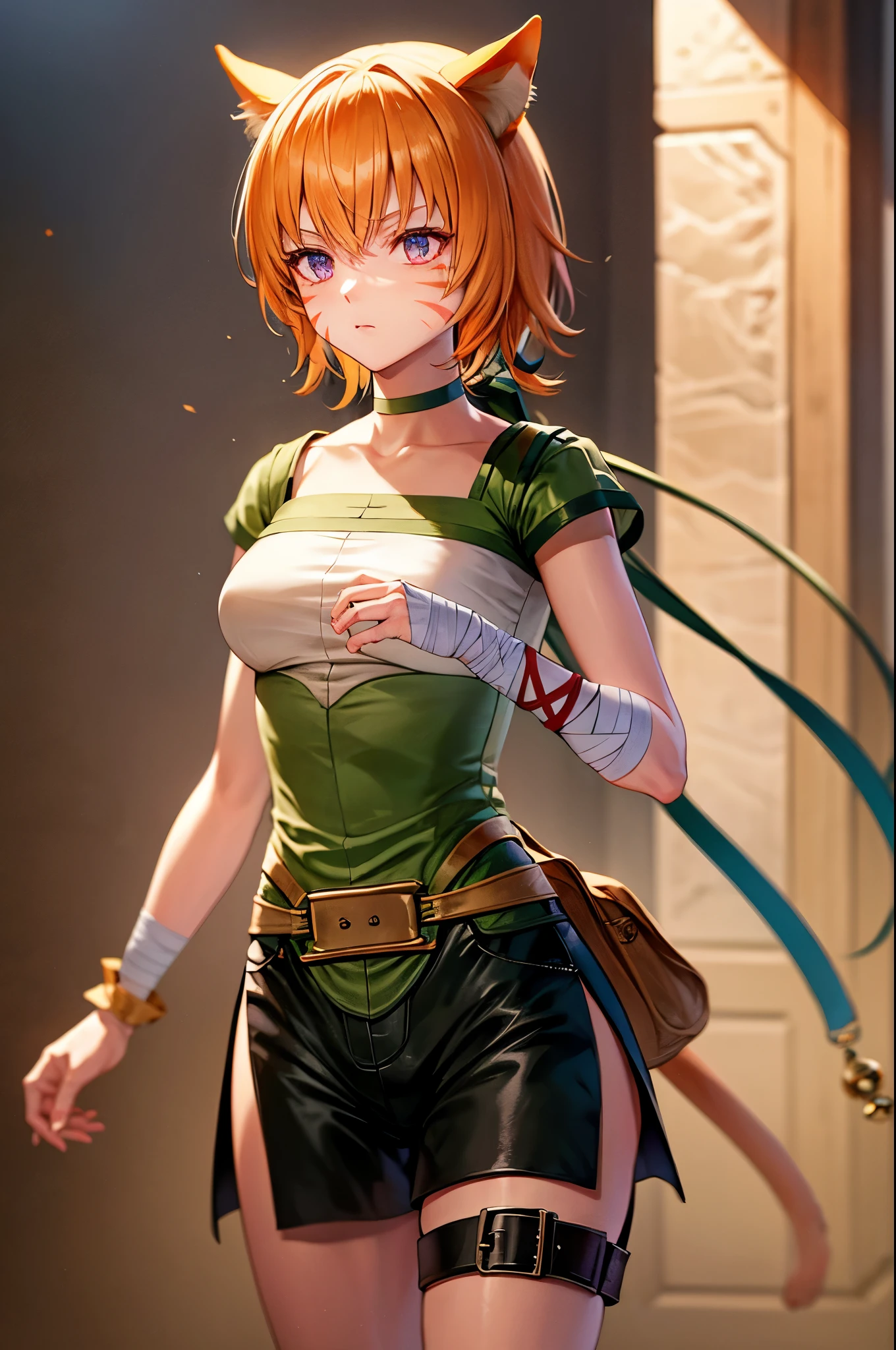 lethe fe, cowboy shot, upper body, choker, belt, cat tail, bell, thigh strap, facial mark, bandages, side slit, pouch, brown belt, whisker markings, green shorts, wrist wrap, side slit shorts, 