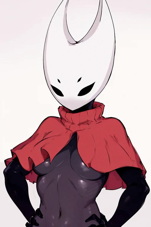 upper body, hornet, 1girl, solo, mask, closed eyes, simple background, (black skin:1.2), red capelet, turtleneck, hands on hips