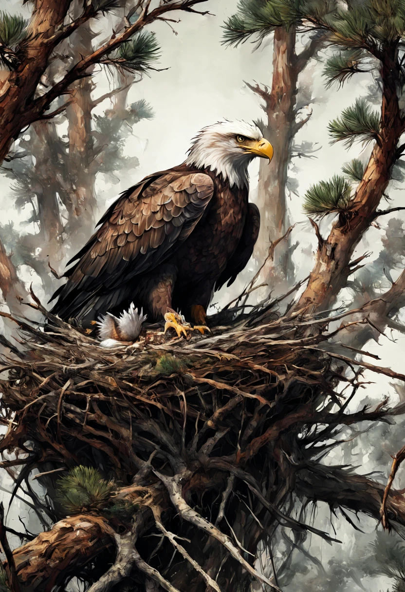 An eagle perched in its massive (nest:1.3), in a pine tree, natural colors, nature colors, Hyper-detailed messy mixed-media masterpiece painting, insanely detailed, by Russ Mills and Alberto Seveso and Agnes Cecile and Jean-Baptiste Monge, zoomed out, intensified cerebral spatterpaint, sharply detailed, sharp focus, uhd, light streaking up