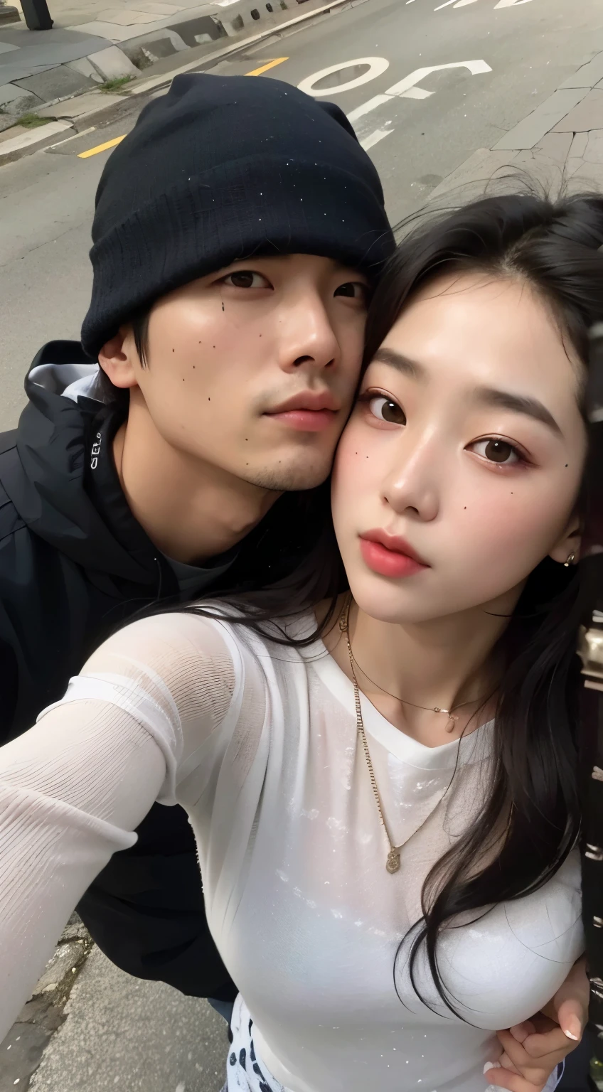 there is a man and woman taking a selfie in the street, Ulzzang, & Jeehyung Lee & uau, Jinyoung Shin, imagem de perfil, imagem vazada, com preto, cai xukun, taejune kim, bae suzy, Yanjun Chengt, Sha Xi, pose de casal, ssao 8k, com hera, fotografia selfie 8k, Kim Doyoung