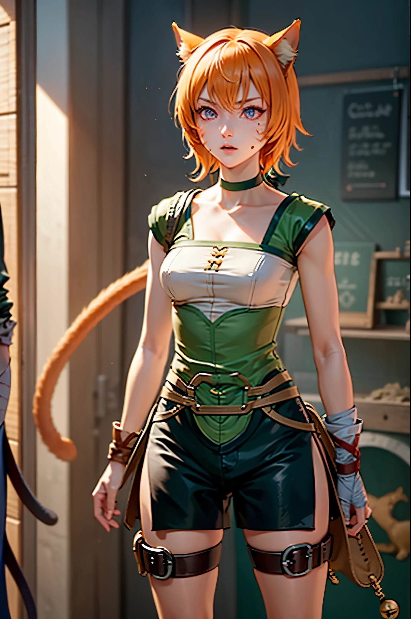 lethe fe, cowboy shot, upper body, choker, belt, cat tail, bell, thigh strap, facial mark, bandages, side slit, pouch, brown belt, whisker markings, green shorts, wrist wrap, side slit shorts, 