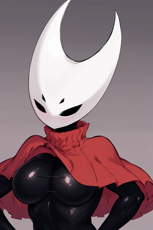 upper body, hornet, 1girl, solo, mask, closed eyes, simple background, (black skin:1.2), red capelet, turtleneck, hands on hips