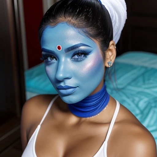 Sexy Latina woman,blue face makeup, ponytail,genie