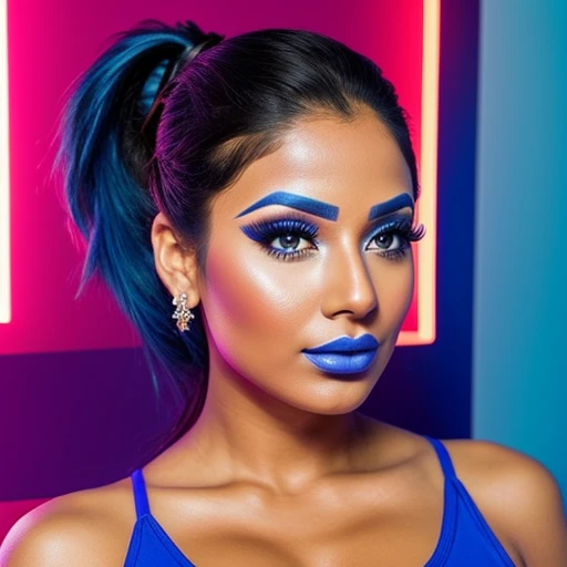 Sexy Latina woman,blue face makeup, ponytail,genie