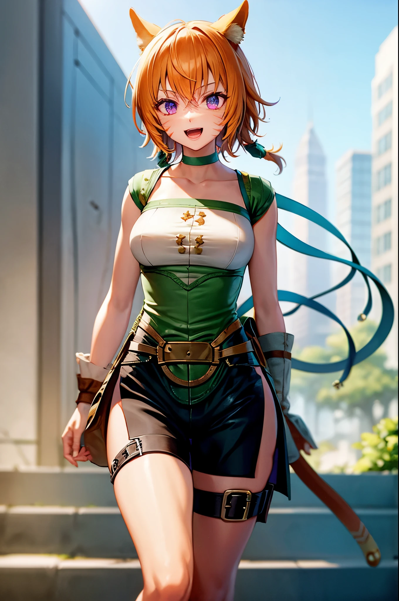 lethe fe, cowboy shot, upper body, choker, belt, cat tail, bell, thigh strap, facial mark, bandages, side slit, pouch, brown belt, whisker markings, green shorts, wrist wrap, side slit shorts, smile, happy, open mouth