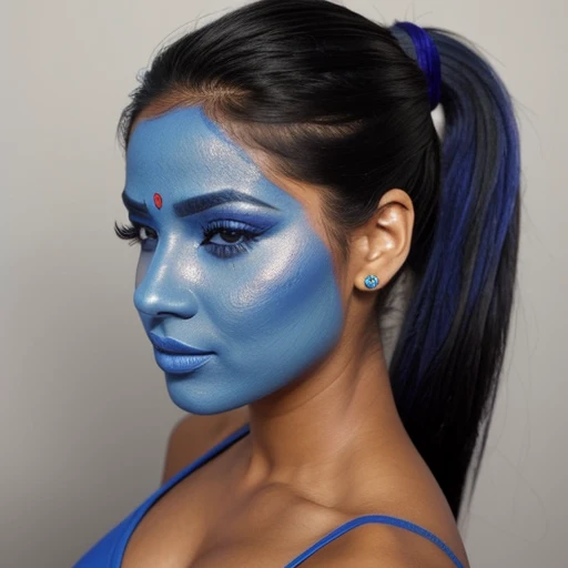 Sexy Latina woman,blue face makeup, ponytail,genie