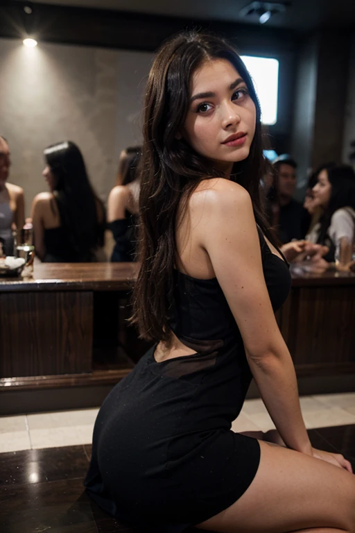 Beautiful Girl with black long hair light brown eyes fair skin tone in black dress posing in club 