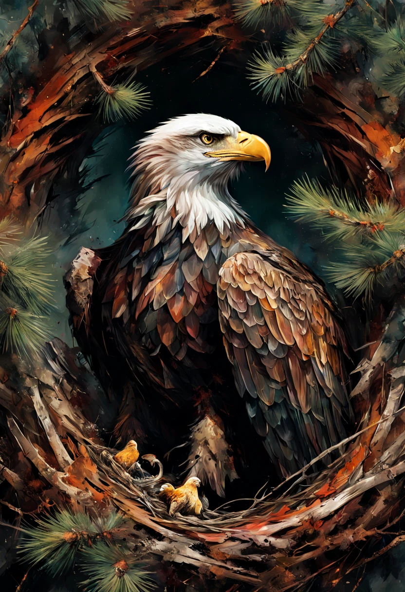 An eagle perched in its massive (nest:1.3), in a pine tree, natural colors, nature colors, Hyper-detailed messy mixed-media masterpiece painting, insanely detailed, by Russ Mills and Alberto Seveso and Agnes Cecile and Jean-Baptiste Monge, zoomed out, intensified cerebral spatterpaint, sharply detailed, sharp focus, uhd, light streaking up