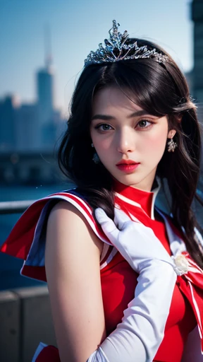 1girl,long hair, (high quality,8k,black hair, realistic, best quality,masterpiece,ultra detailed, absurdres)1.5,((sama1, tiara, sailor senshi uniform, white gloves, red sailor collar, red skirt)),night city,white gloves,Purple Bow,Purple eye, (magic world,fire),high high heels,