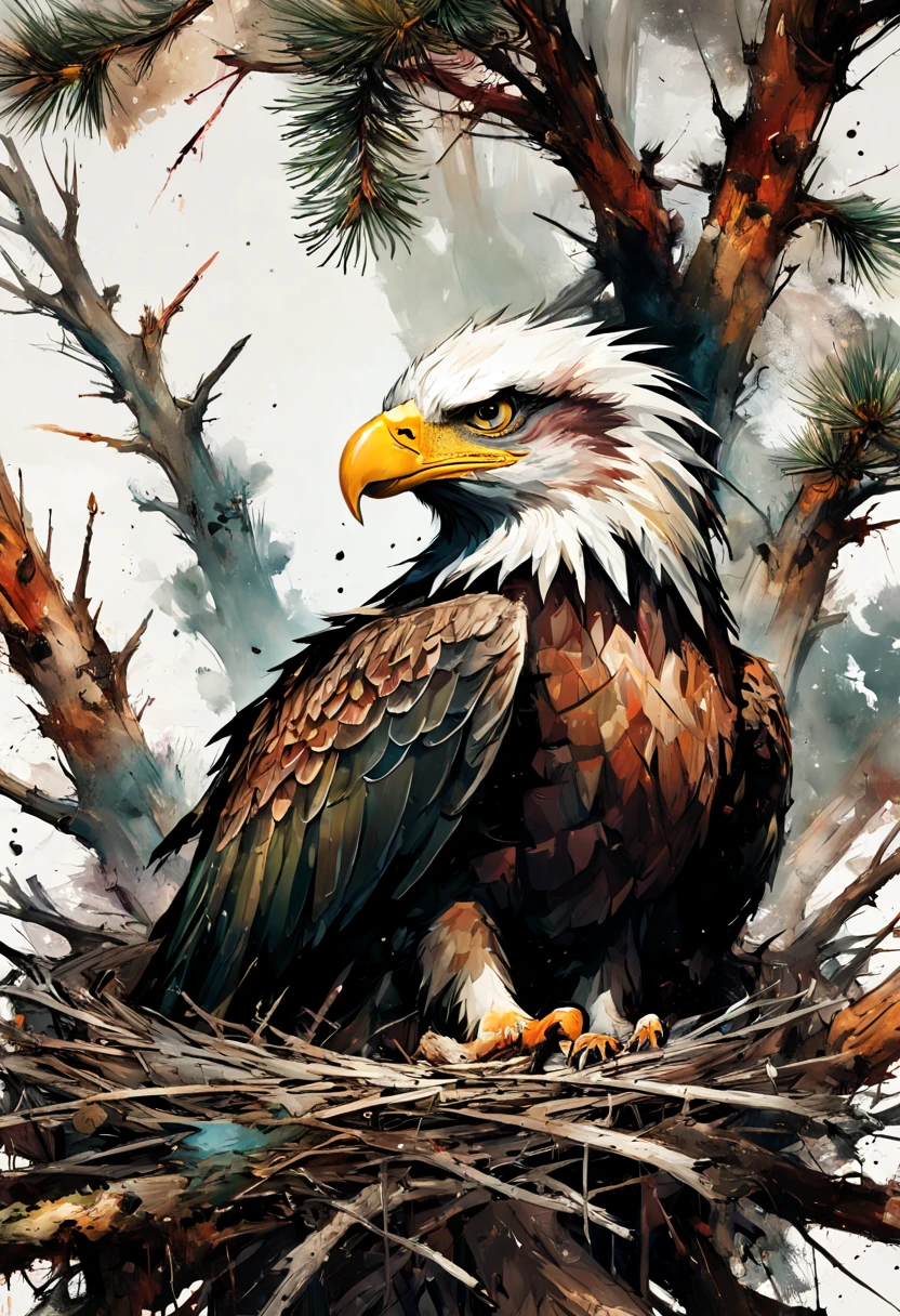 An eagle perched in its massive (nest:1.3), in a pine tree, natural colors, nature colors, Hyper-detailed messy mixed-media masterpiece painting, insanely detailed, by Russ Mills and Alberto Seveso and Agnes Cecile and Jean-Baptiste Monge, zoomed out, intensified cerebral spatterpaint, sharply detailed, sharp focus, uhd, light streaking up