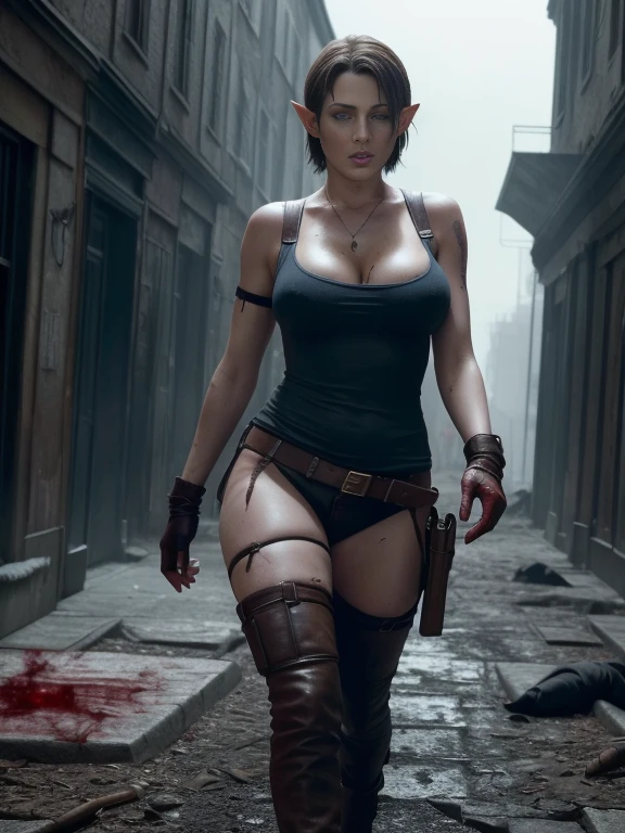 nudity, explicit] NSFW (Resident Evil 4+bloody:1.5), (full-body photo:1.67), (An elf woman and several zombies in the background:1.5), (she has gigantic breasts:1.5), (She's in Resident Evil 4+Leon's clothes with black T-shirt+brown leather chorte+extremely tight on her body:1.4), (she's walking in a night town crowded with zombies:1.5),  (she has short brown hair:1.3), (she has blue eyes:1.3), (she's doing poses+for the viewer+holding an armada), Hyperrealism, 16k, best quality, high details, UHD