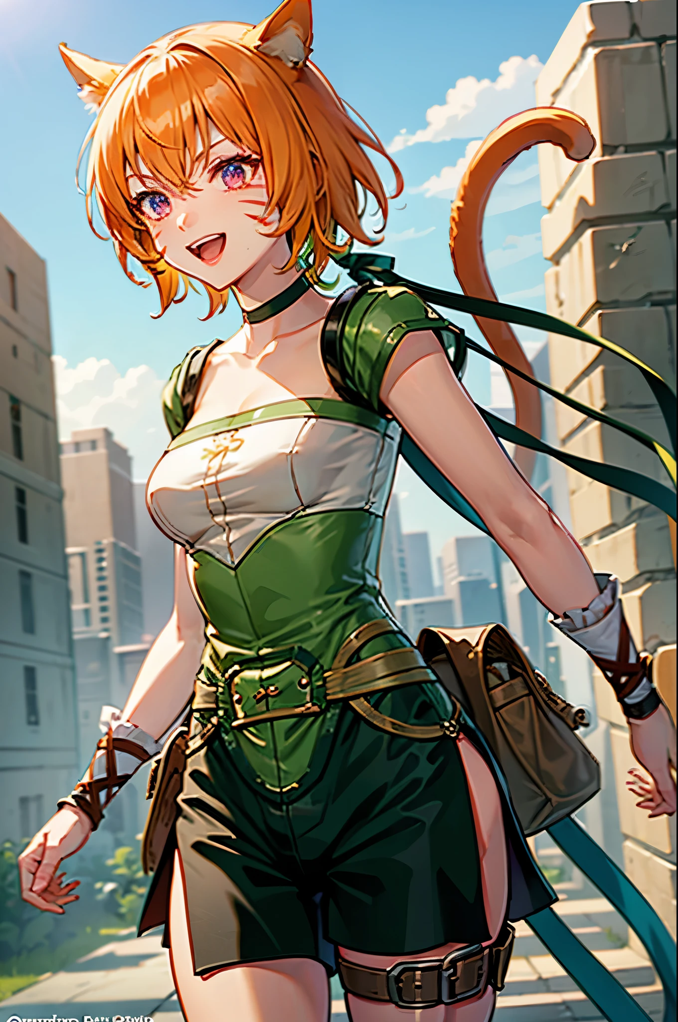 lethe fe, cowboy shot, upper body, choker, belt, cat tail, bell, thigh strap, facial mark, bandages, side slit, pouch, brown belt, whisker markings, green shorts, wrist wrap, side slit shorts, smile, happy, open mouth